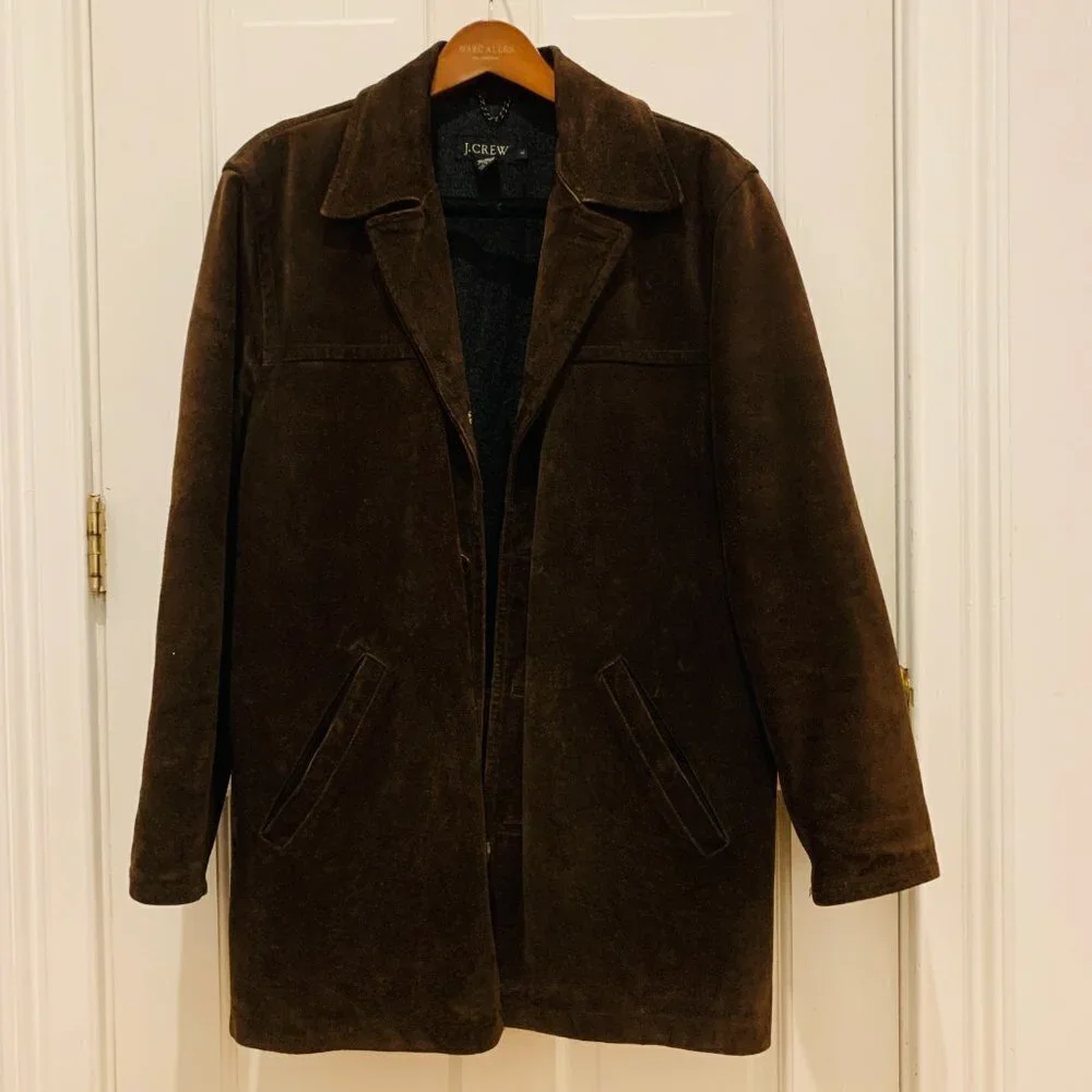 J CREW Suede Leather Jacket Lined Coat Button Down Wool Lining Brown Vintage 90s
